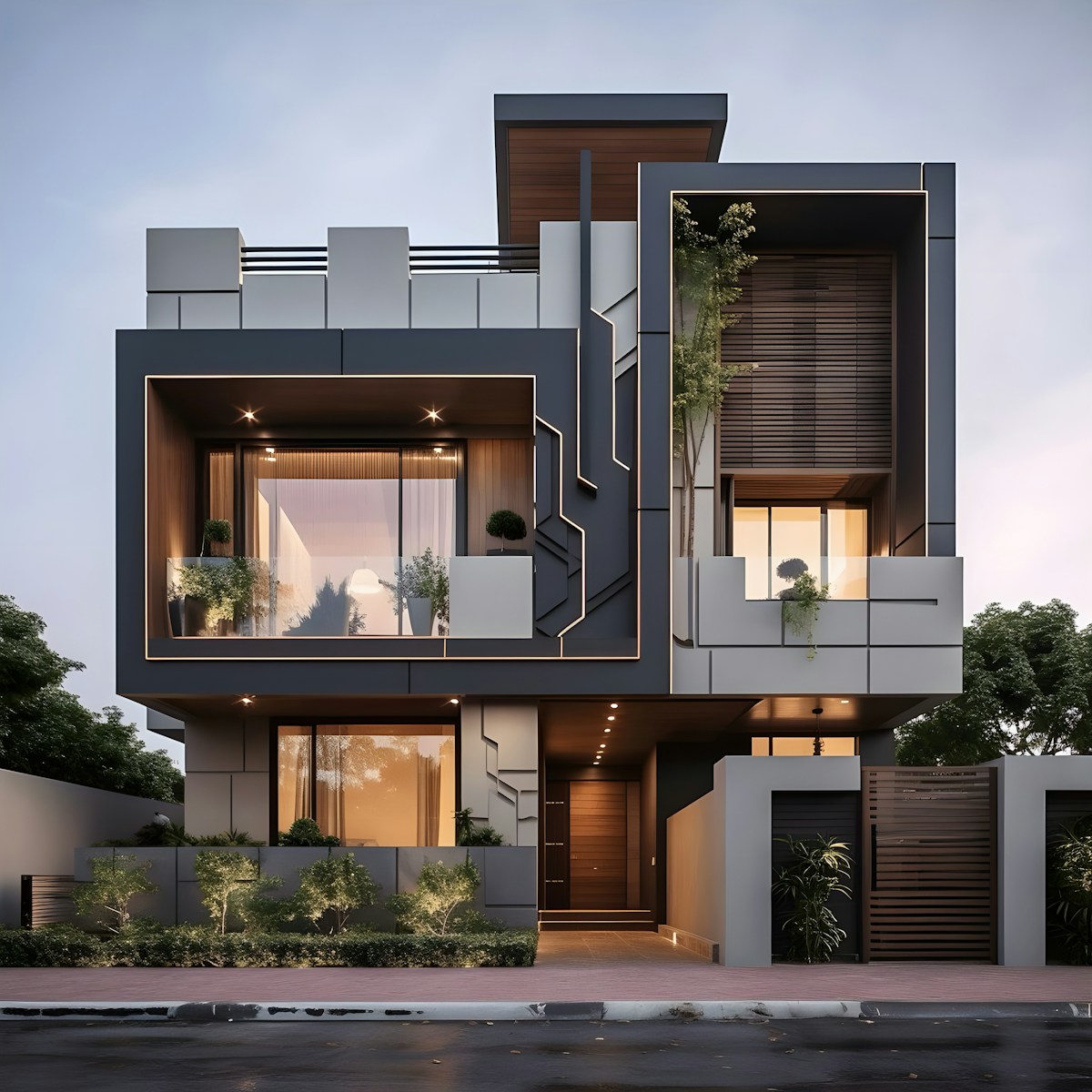 A two story house with a lot of windows and balconies