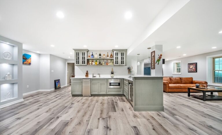 A basement remodeling project with a kitchenette